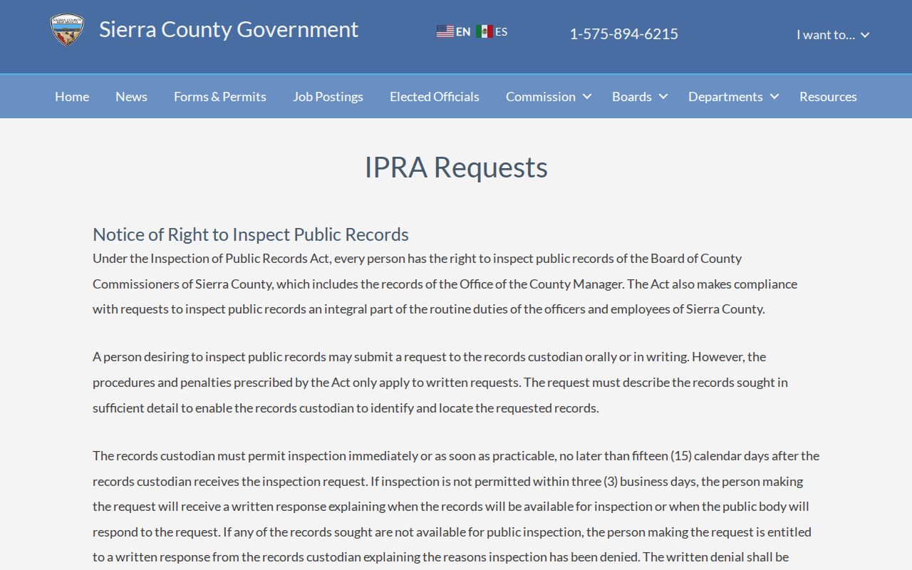 Sierra County Inspection of Public Records Act request page