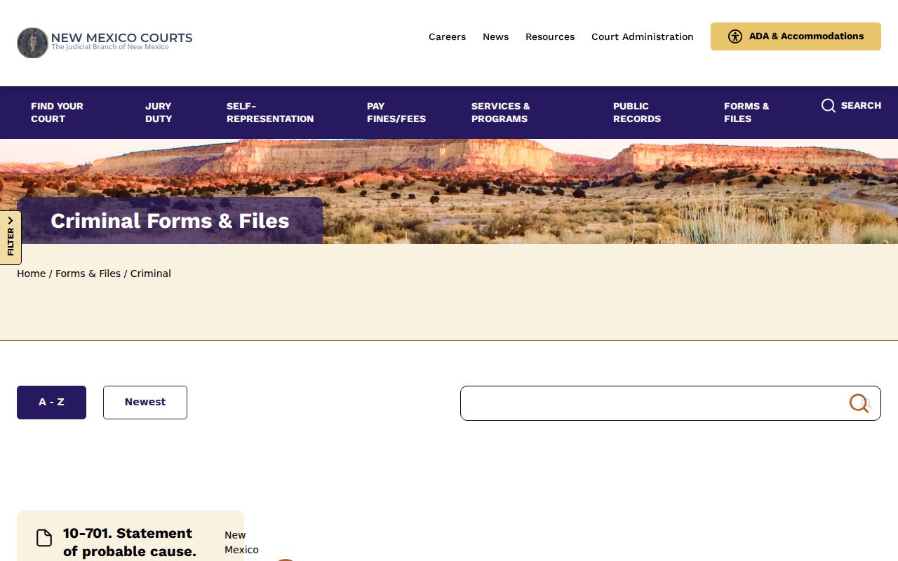 New Mexico Courts criminal forms page with warrant forms