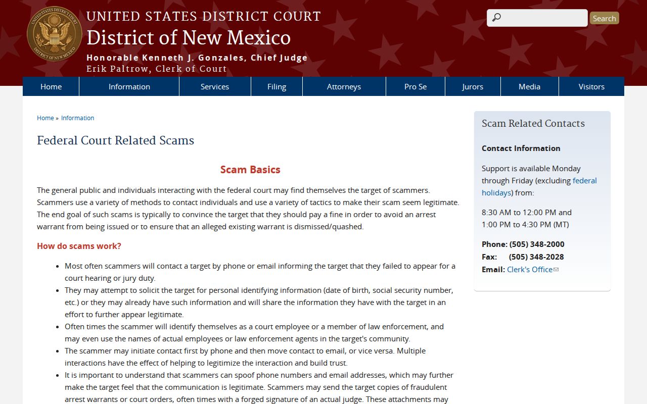 District of New Mexico federal court warrant scam warning