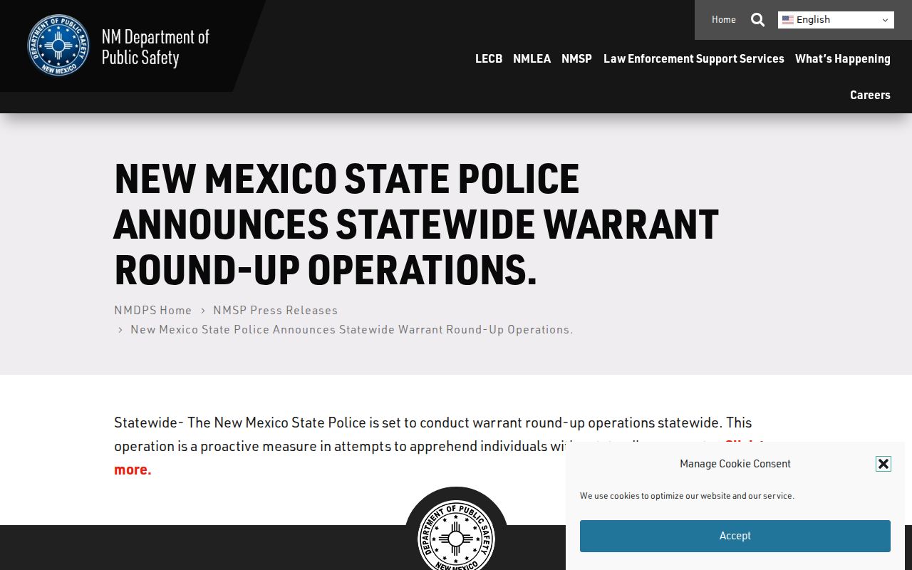 New Mexico State Police statewide warrant roundup announcement