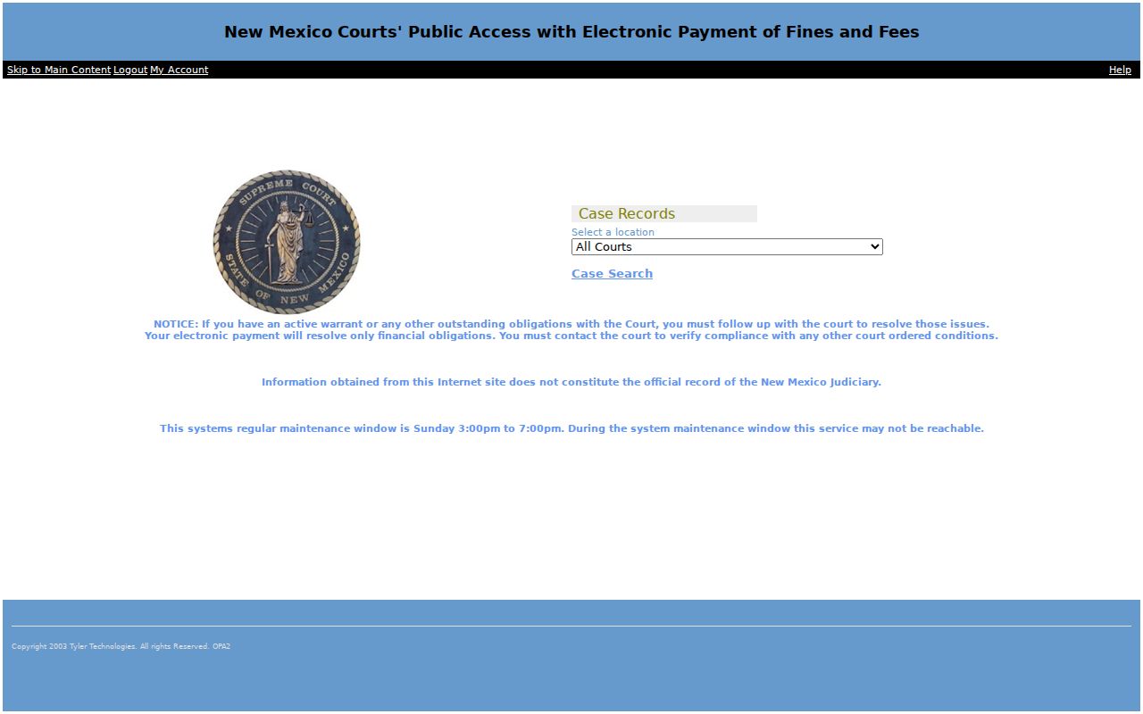 New Mexico Odyssey Public Access landing page for court case search